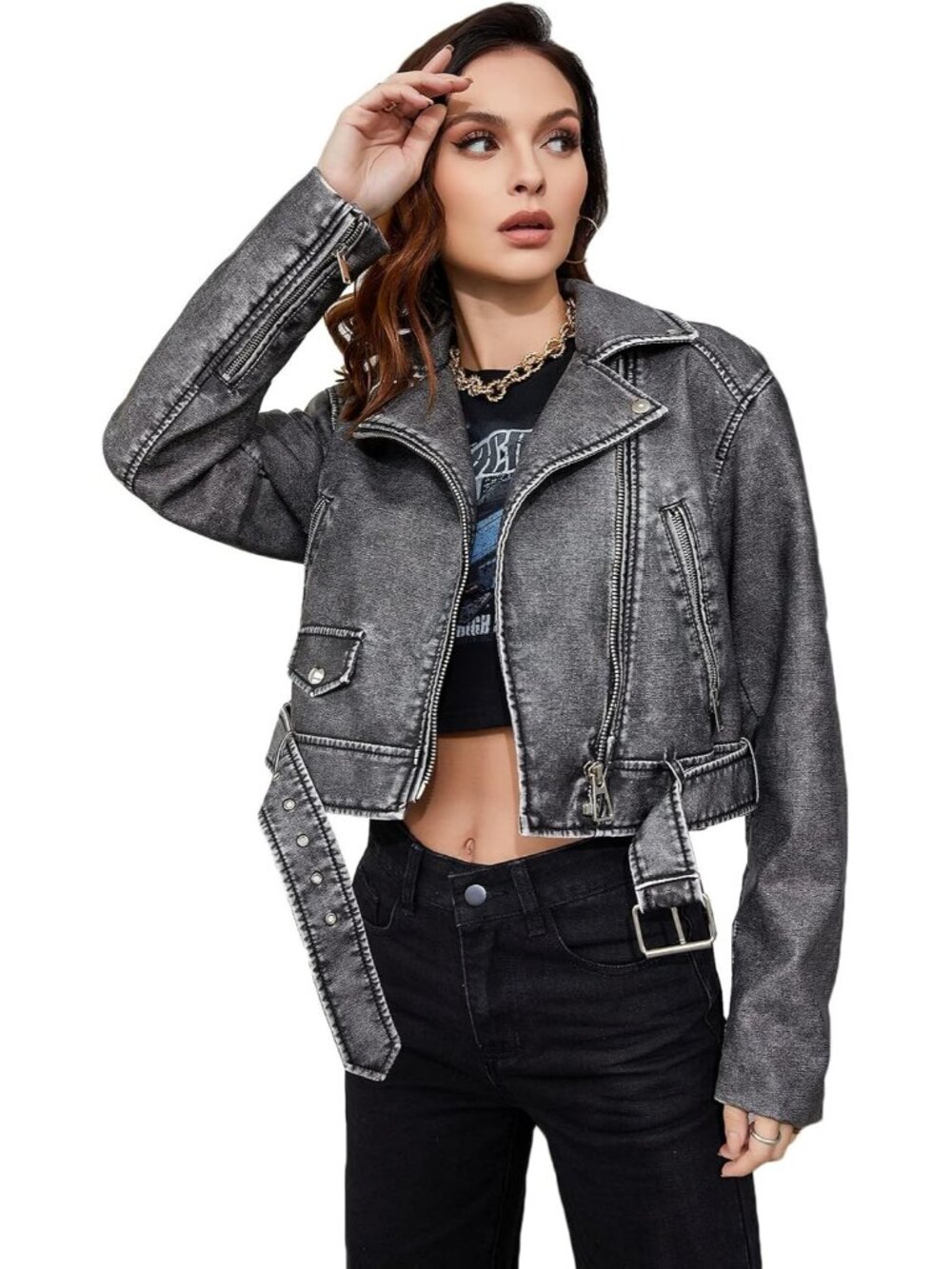 Women's Grey Faux Leather Cropped Biker Jacket Vintage Short Belted Coat